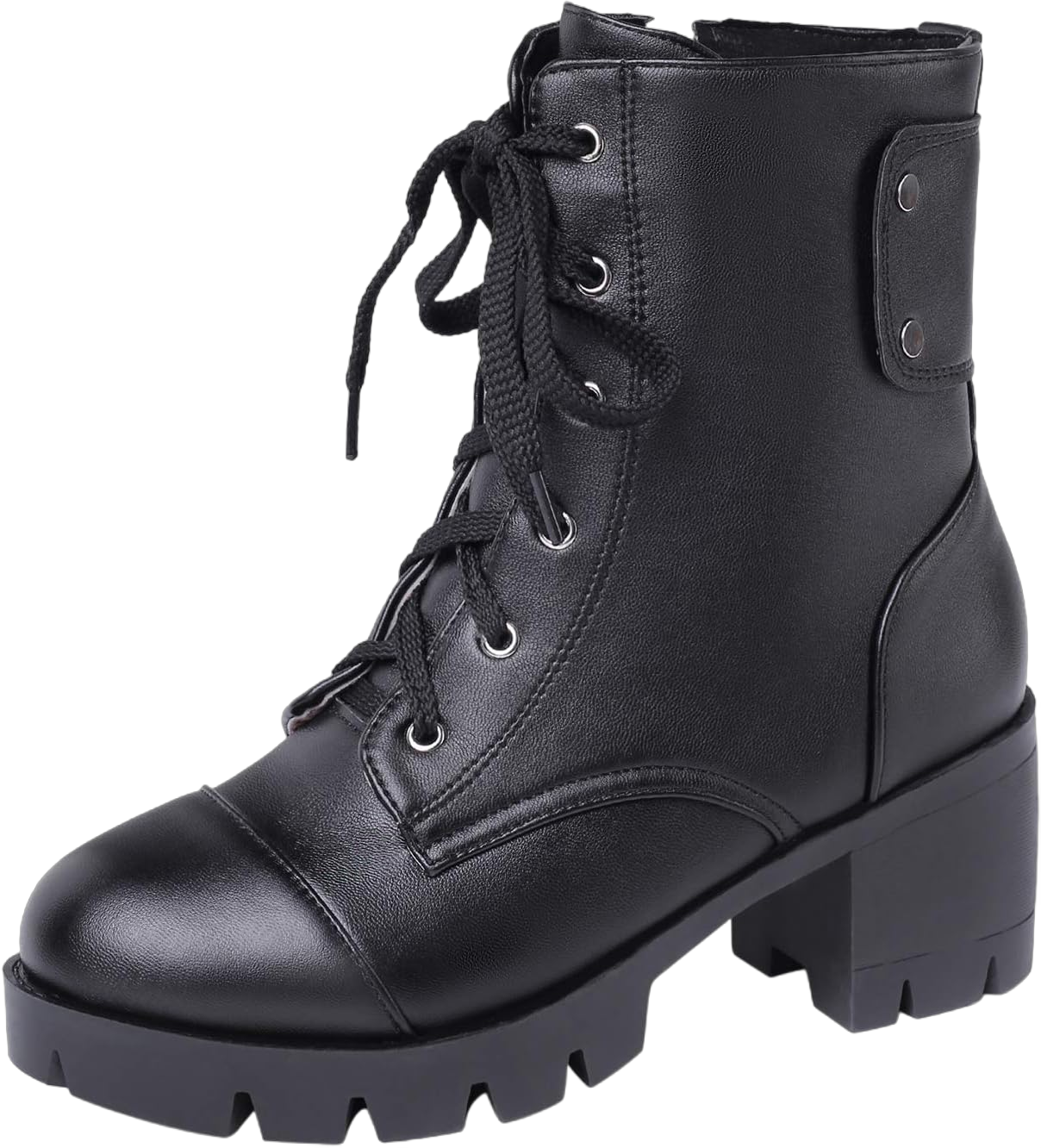 BIGTREE Combat Boots For Women Platform Chunky Block Heel Lace-Up Side Zipper Ankle Booties Black 7 US