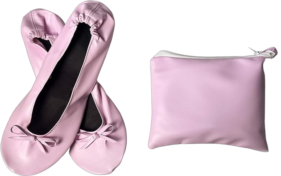 Women's Portable Ballet Flats, Bowknot Rollable Soft Sole Wedding Flat Shoes, Comfy Dancing Flat Shoes with Purse Bag Medium Pink