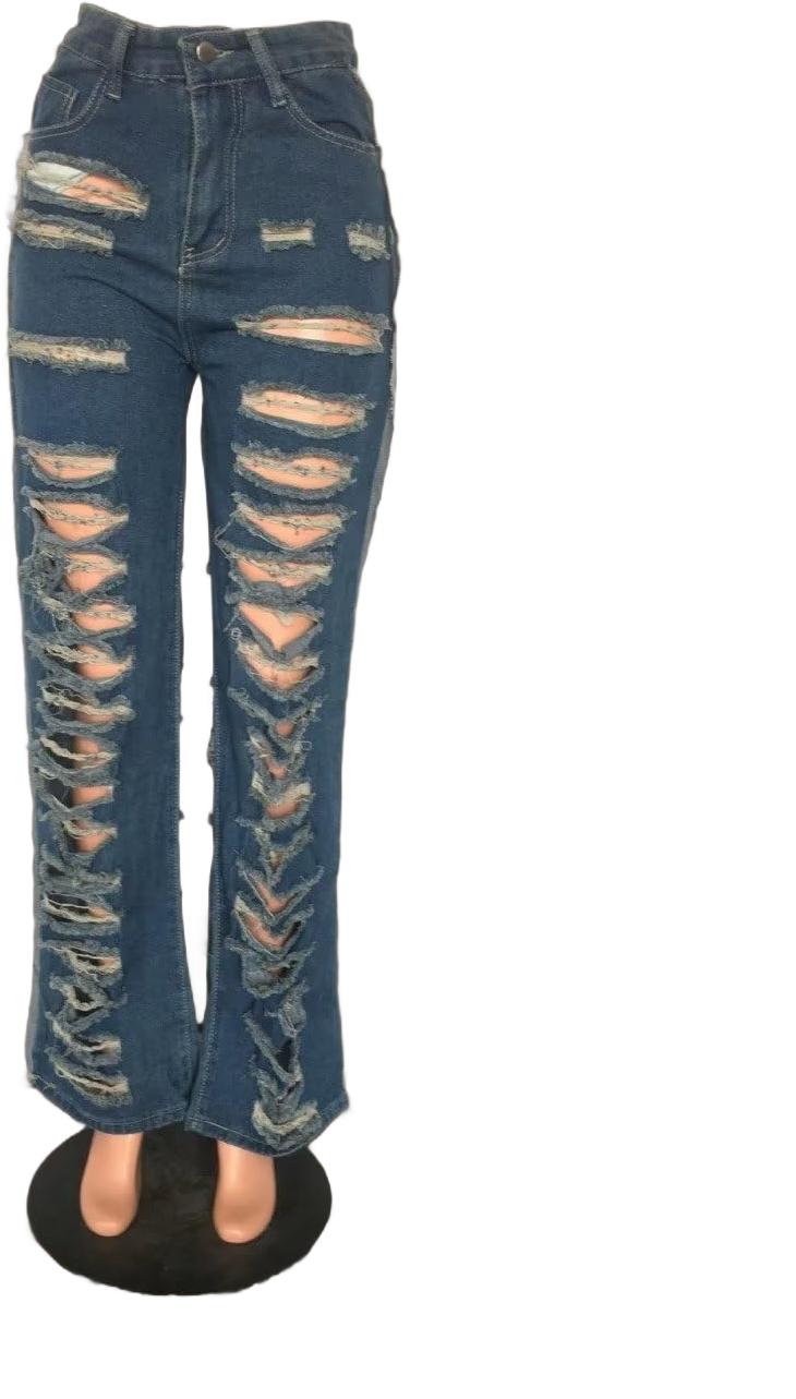 Women High Waisted Ripped Hole Straight Destroyed Jeans Loose Fit Stretch Wide Leg Denim Pants XX-Large Blue