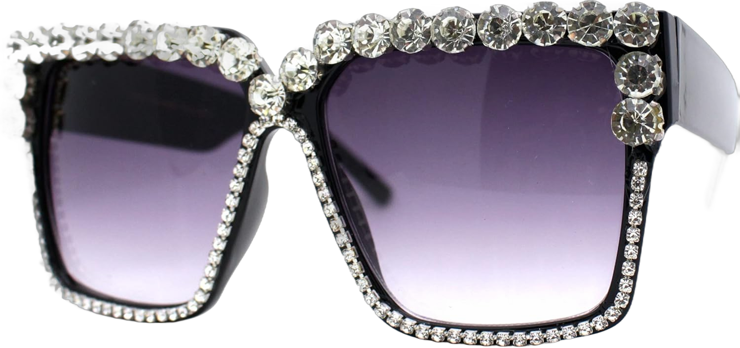 Womens Heavy Bejeweled Rhinestone Square Horn Rectangle Sunglasses Black Smoke